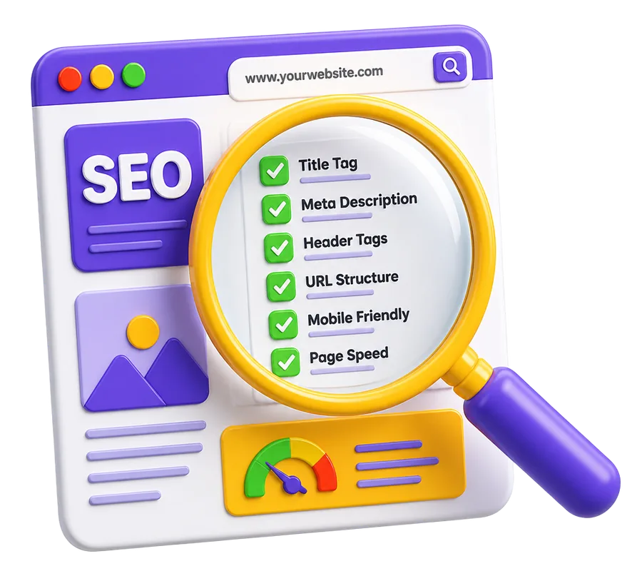 Magnifying glass reviewing an SEO checklist on a website